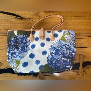 Dooney & Bourke Blue Hydrangea Floral Canvas Tote with Tan Handles